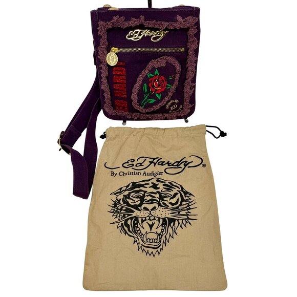 Vtg Y2K Ed Hardy Purple Crossbody Bag | Indie Sleaze Grunge Streetwear Urban 90s - Picture 8 of 15